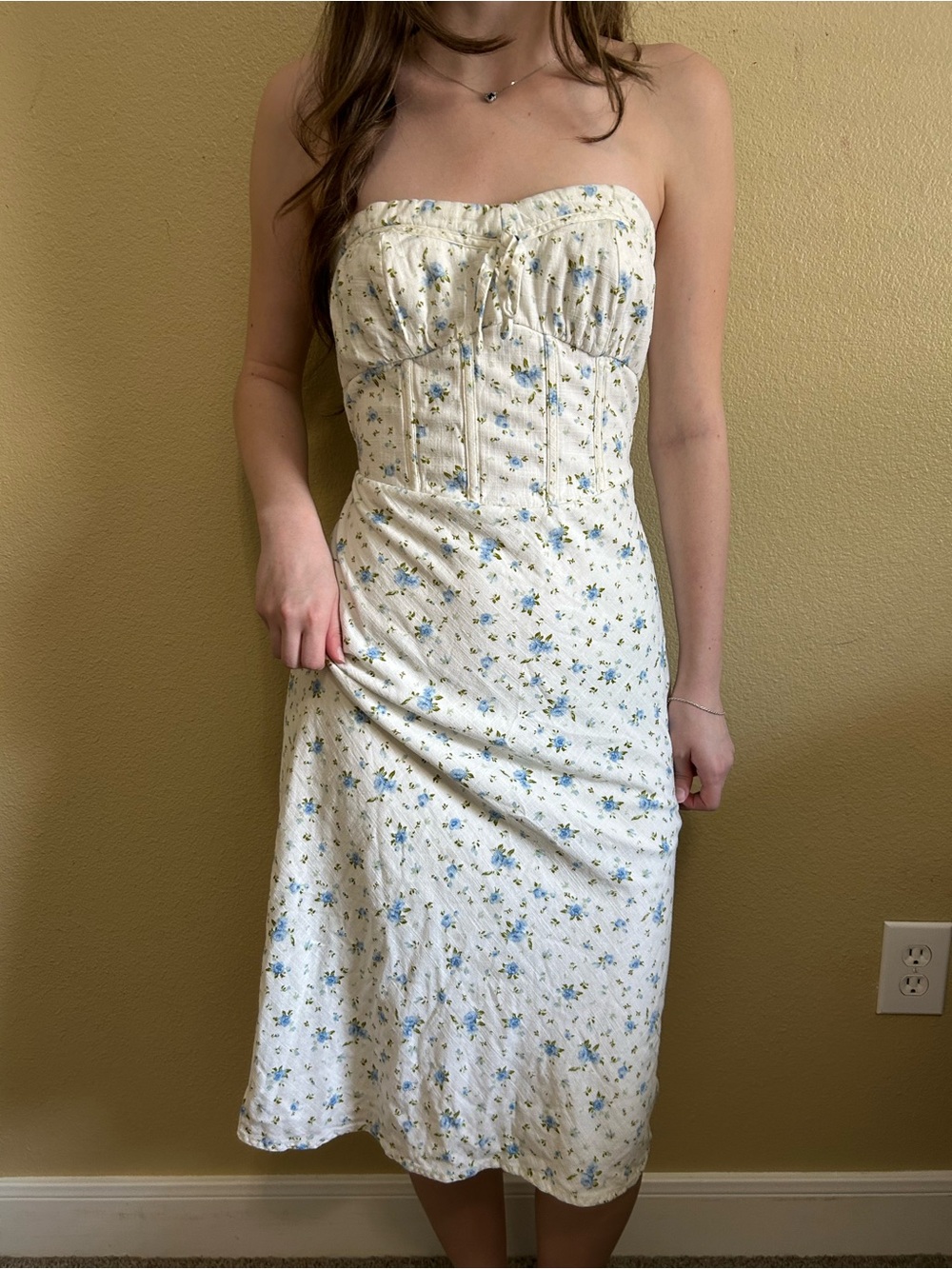 Wild Fable Strapless White Midi Dress with Blue Floral Print